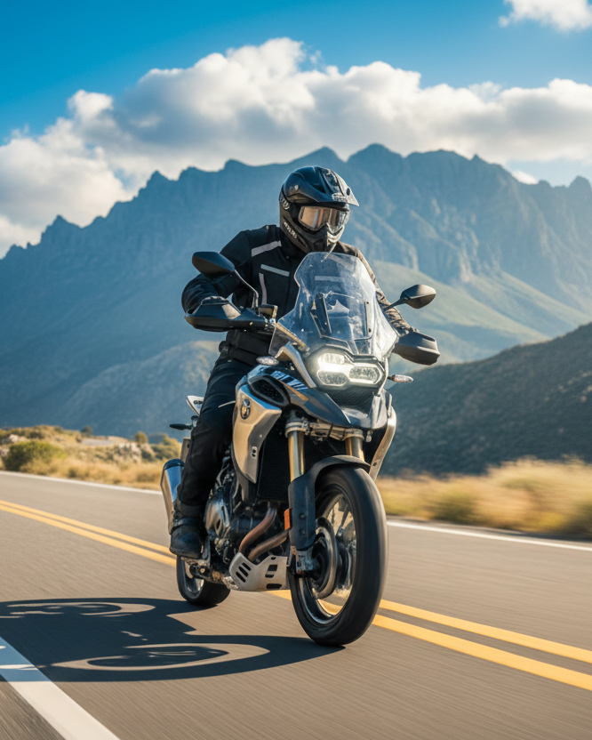 High-end adventure motorcycle in motion on an open road, rider wearing full protective gear and helmet, dramatic cinematic lighting, shallow depth of field, realistic environment with mountains and rugged landscape in the background, focus on the motorcycle front and headlights, premium photography style, ultra-realistic, no text, no logos, no watermarks.