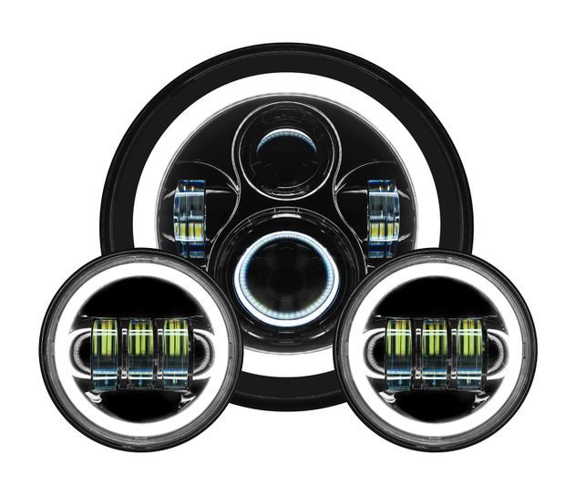Kit de faros delanteros LED Halomaker de 7" y luz de cruce de 4 1/2" de HogWorkz para Harley 1994-2025