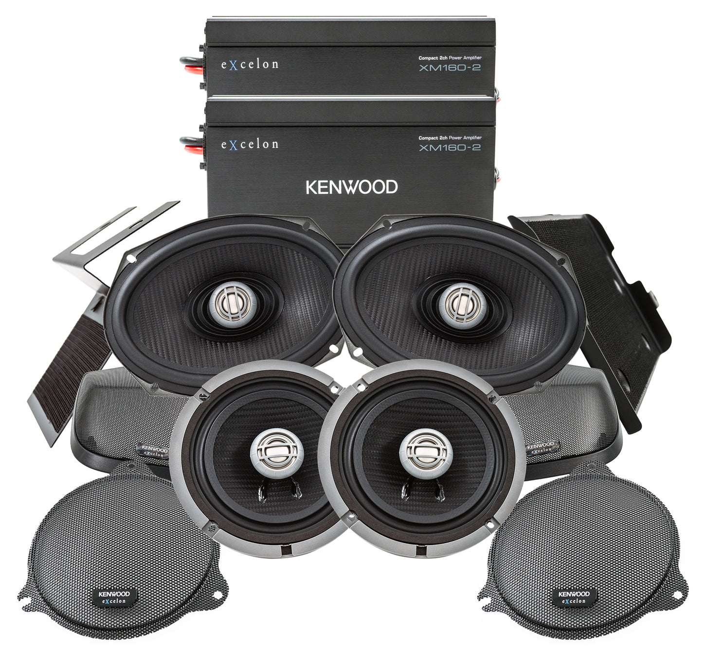 Paquete de altavoces y amplificador Kenwood eXcelon para la parte delantera y trasera de la alforja para Harley Touring 2014-2024