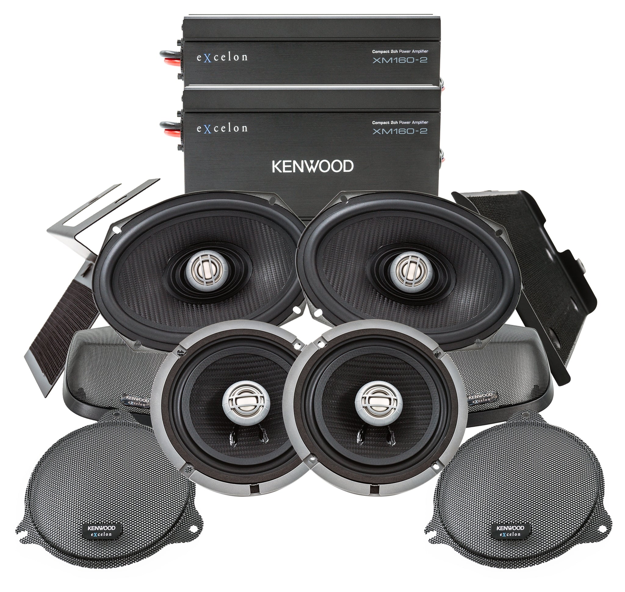Paquete de altavoces y amplificador Kenwood eXcelon para la parte delantera y trasera de la alforja para Harley Touring 2014-2024